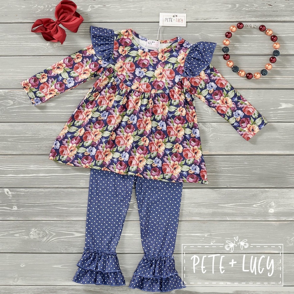 Pete + Lucy  full of flowersFloral top and Polka Dot Leggings Set